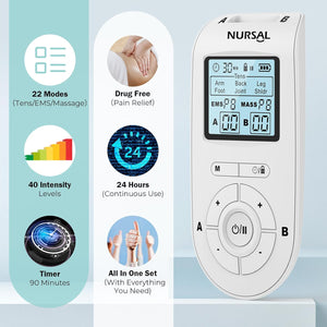 NURSAL 3 - in - 1 Tens Unit Muscle Stimulator Machine, Dual Channel Electronic Pulse Massager, Tens Ems Machine with 40 Intensities for Gradual Pain Relief Therapy - Nursal