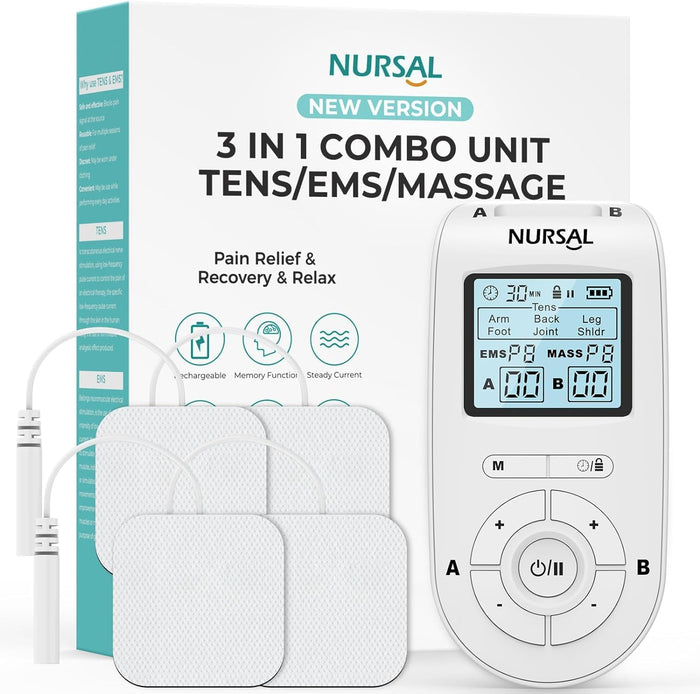 NURSAL 3-in-1 Tens Unit Muscle Stimulator Machine, Dual Channel Electronic Pulse Massager, Tens Ems Machine with 40 Intensities for Gradual Pain Relief Therapy