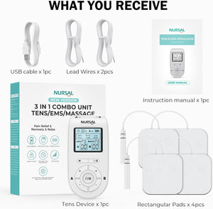 NURSAL 3 - in - 1 Tens Unit Muscle Stimulator Machine, Dual Channel Electronic Pulse Massager, Tens Ems Machine with 40 Intensities for Gradual Pain Relief Therapy - Nursal