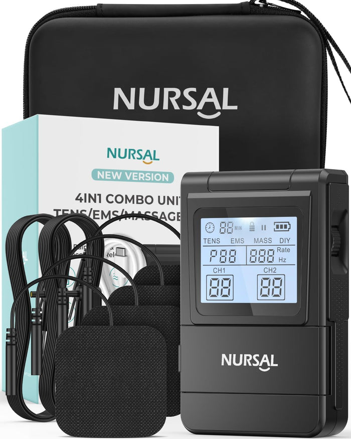 NURSAL 4 in 1 TENS ユニット 筋肉刺激装置、40段階の強度を備えたデュアルチャンネル EMS マッサージ マシン