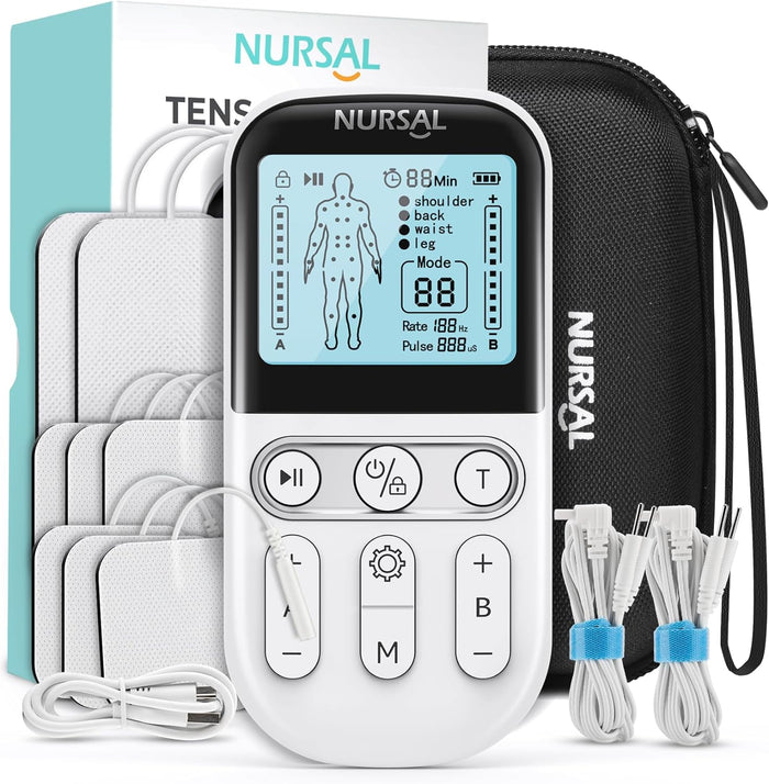 NURSAL デュアルチャンネル 3-in-1 TENS ユニット 筋肉刺激装置、EVA トラベルケース 電子パルスマッサージャー、24 モード TENS EMS マシン