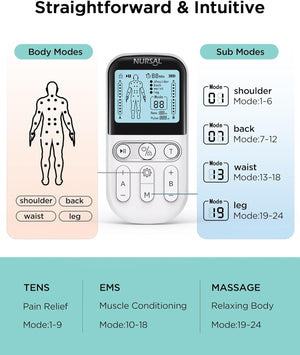 NURSAL Dual Channel 3 - in - 1 TENS Unit Muscle Stimulator, EVA Travel Case Electronic Pulse Massager, 24 Modes TENS EMS Machine - Nursal