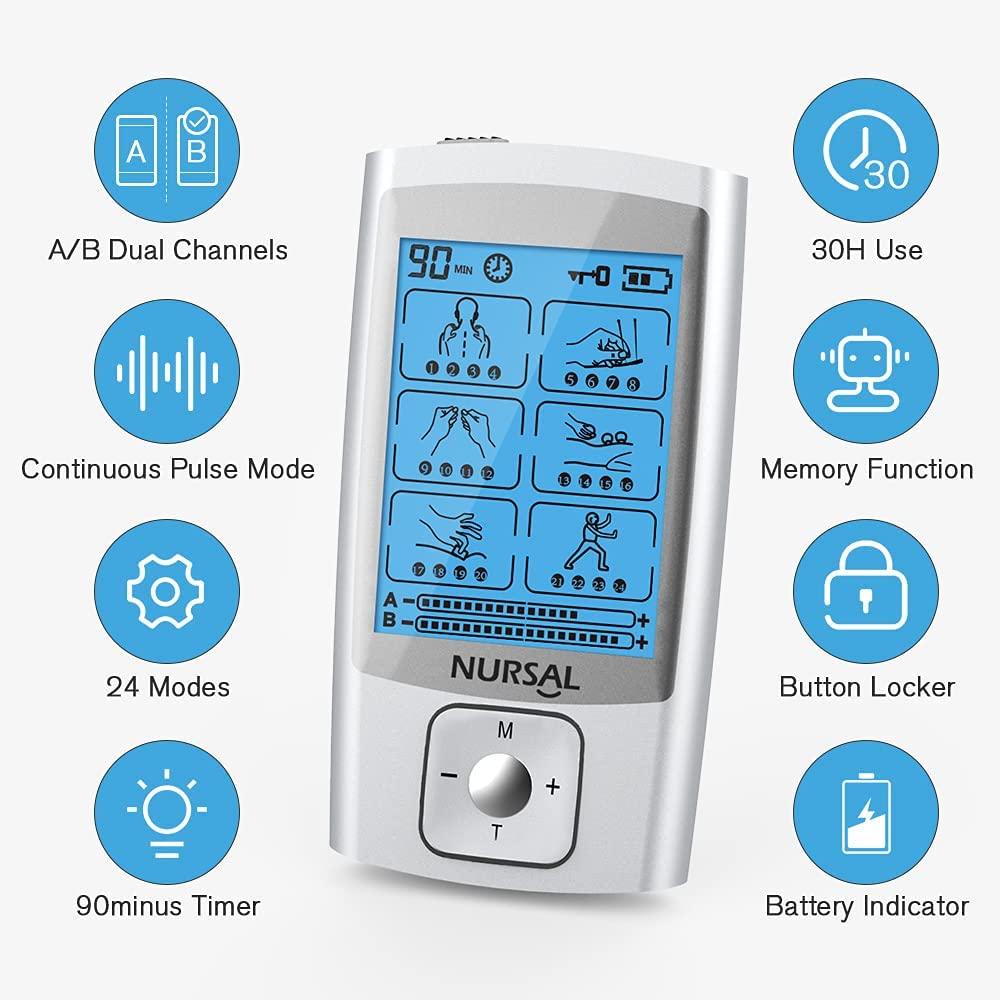  NURSAL TENS EMS Unit Muscle Stimulator for Pain Relief Therapy,  Electric 24 Modes Dual Channel TENS Machine Pulse Massager with 12 Pcs  Electrode Pads/Continuous Stable Mode/Memory Function : Health & Household